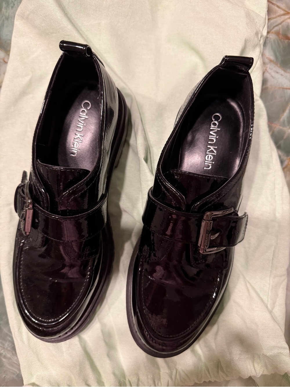 Black Patent Calvin Klein Lug soled slip on